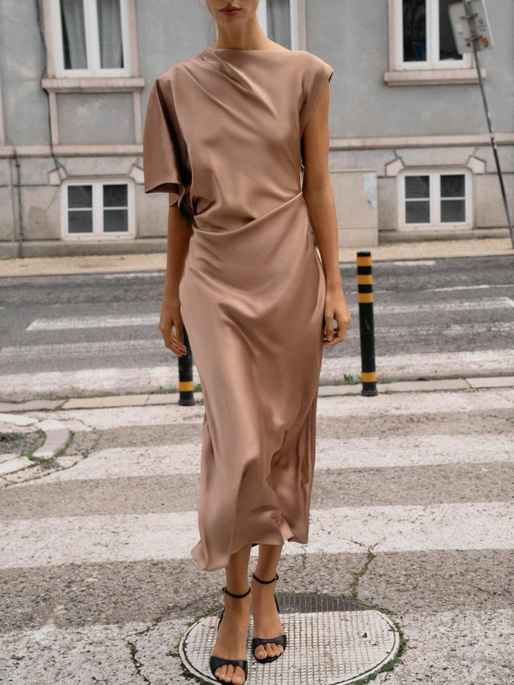 ZARA ASYMMETRIC SLEEVE SATIN EFFECT MIDI DRESS